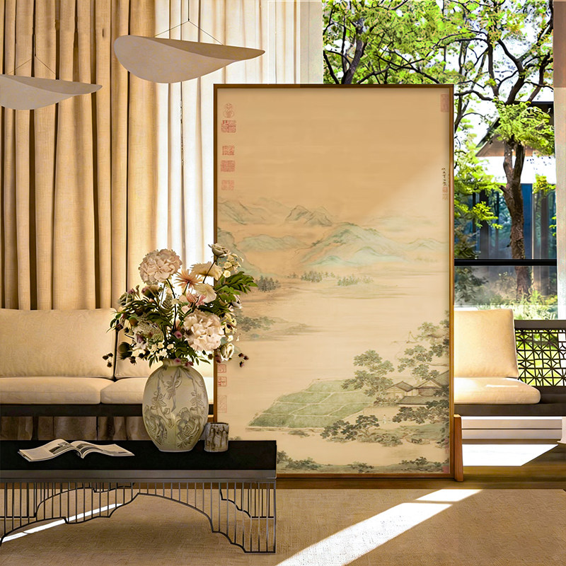 宋氏美学新中式实木落地屏风隔断客厅玄关卧室茶室可移动座屏古画
