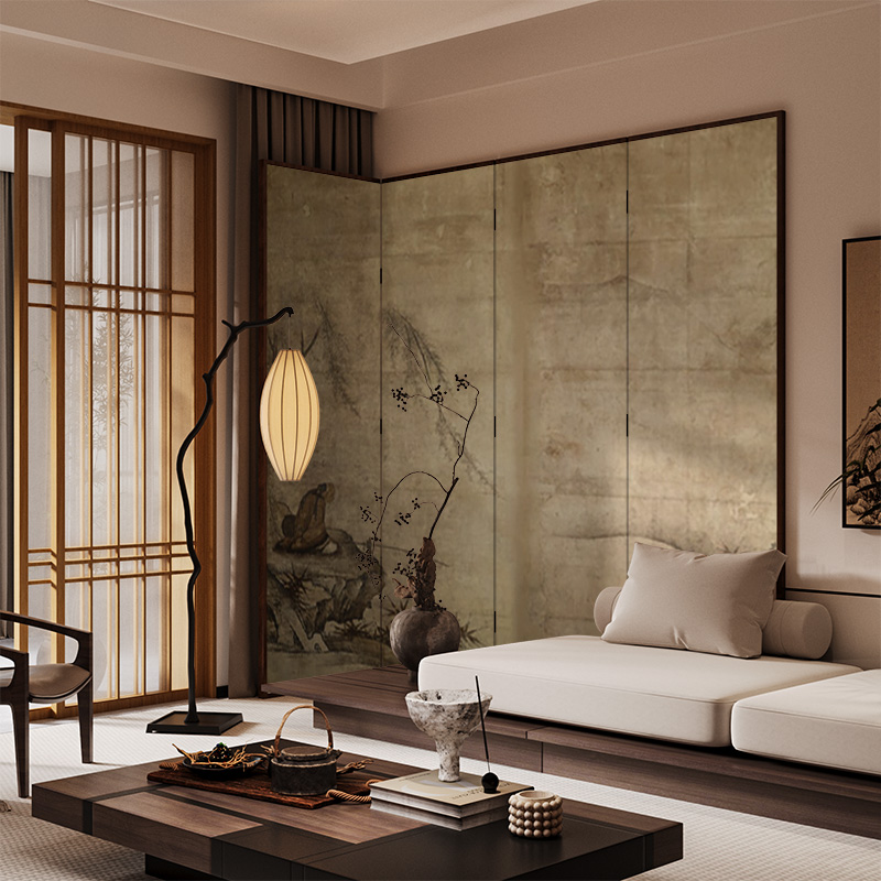宋代美学新中式实木屏风隔断客餐厅卧室玄关茶室背景移动折屏古画