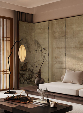 宋代美学新中式实木屏风隔断客餐厅卧室玄关茶室背景移动折屏古画
