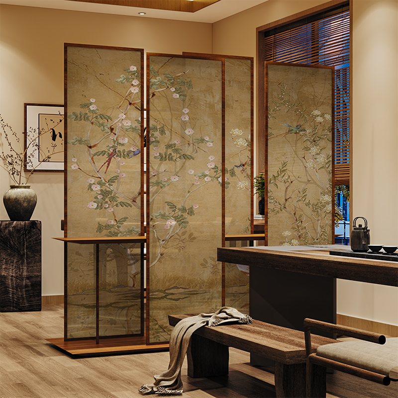 宋氏美学中式玄关屏风隔断客厅移动茶馆饭店办公酒店背景座屏花鸟