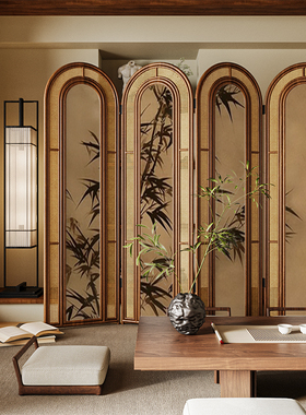 复古中式实木折叠藤编屏风隔断客厅沙发背景墙可移动茶室竹子折屏