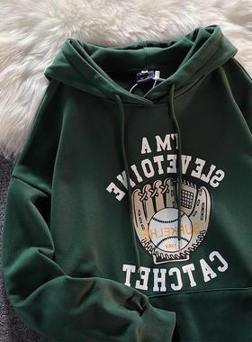 美式复古oversize大码慵懒风绿色卫衣女潮牌ins秋冬加绒连帽外套