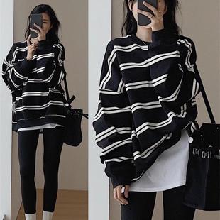 大码条纹复合330G卫衣潮2025初秋新款薄圆领长袖t恤上衣韩版女装