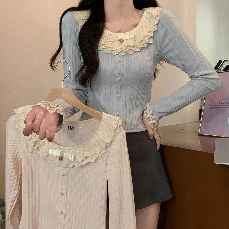 实拍长袖t恤女装潮2025早春新款蕾丝薄款短款修身打底衫圆领上衣,女装/女士精品,T恤,淘宝优惠券,粉丝福利购,淘宝优惠卷