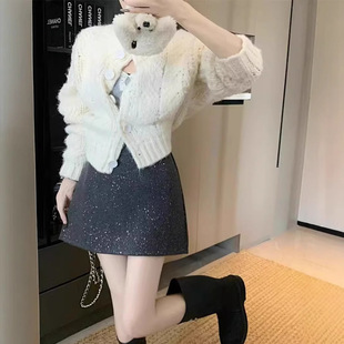 小香风闪闪重工亮片A字裙女冬季小个子毛呢半身裙百搭包臀裙短裙