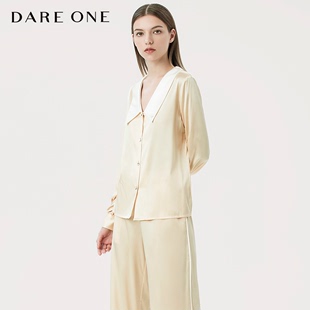 IDYLLIC TIME浅香槟长袖 ONE真丝睡衣套装 DARE 尖领桑蚕丝家居服