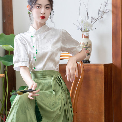 新中式国风提花缎面短袖上衣衬衫女搭配马面裙套装2025年夏季新款