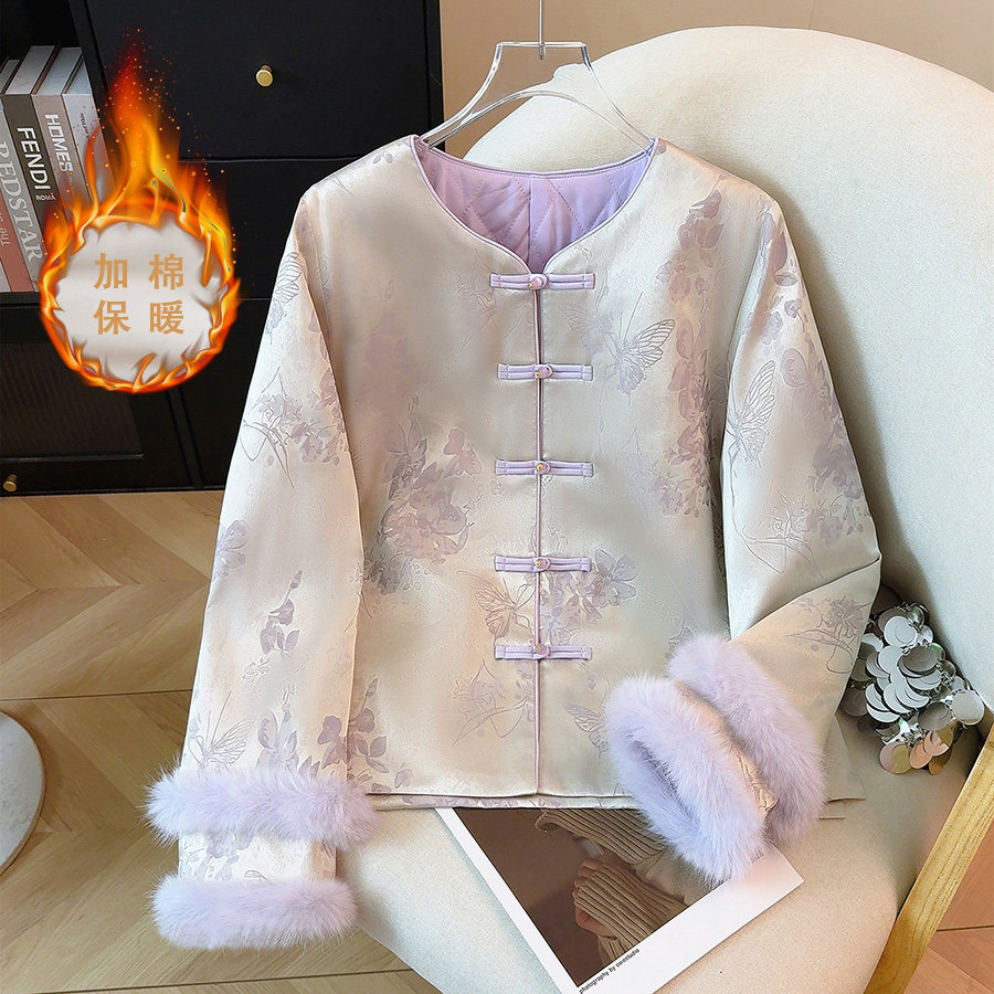 新中式民族风唐装加棉加厚外套女冬重工刺绣提花织锦复古棉服上衣