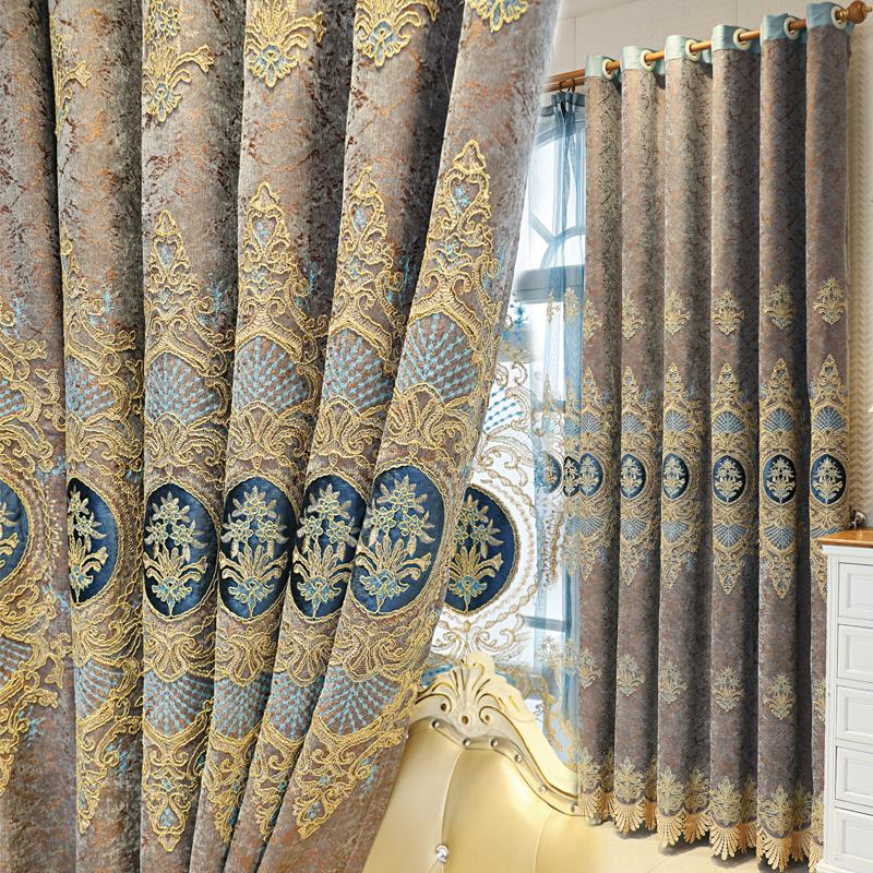 雪尼尔羊绒咖啡色绣花高遮光定制成品窗帘轻奢客厅布帘卧室飘窗帘