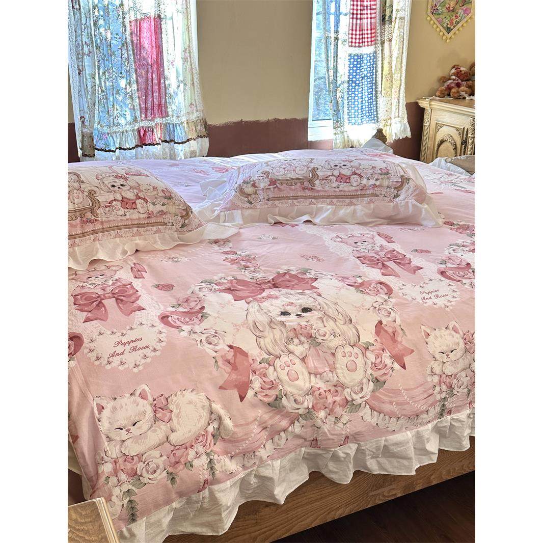 ins少女心水洗棉花边款蝴蝶结小狗四件套1.5m1.8米全棉被套床单三,床上用品,床品套件/四件套/多件套,淘宝优惠券,粉丝福利购,淘宝优惠卷
