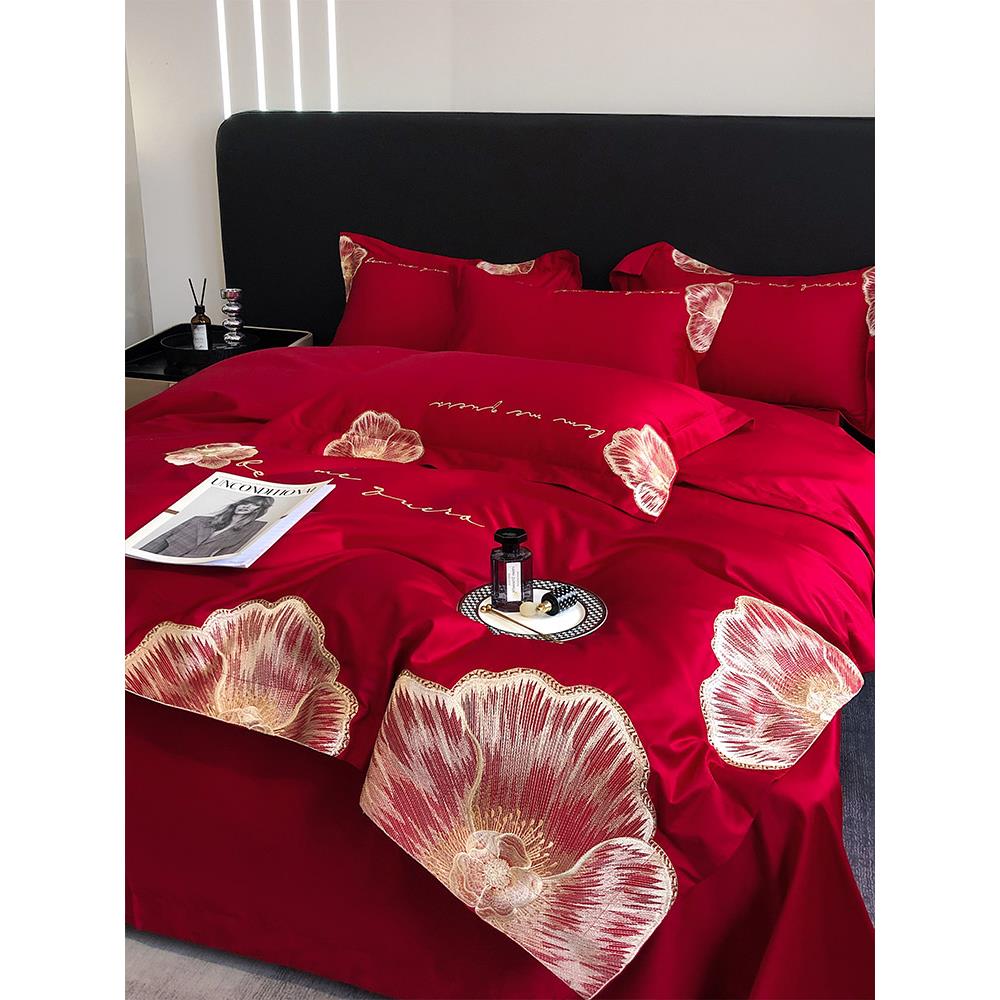 浪漫婚庆100支匹马棉全棉四件套大红色花卉刺绣结婚被套床上用品