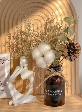 ins桌面摆件北欧风格松果棉花干花玻璃花瓶家居小清新摆设装饰品