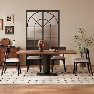 北欧覆古风胡桃色长方形岩板实木餐桌椅组合家用网红高端饭厅桌子