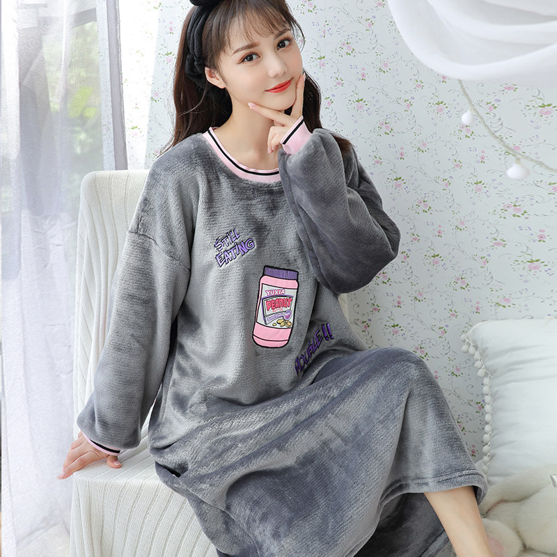 到脚踝珊瑚绒睡裙女秋冬中长款简约胖MM宽松大码孕妇法兰绒睡衣裙