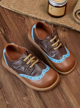 韩版童鞋2025女童秋季新款英伦风撞色镂空皮鞋儿童复古魔术贴单鞋