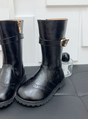 韩版童鞋2025女童秋冬新款复古骑士靴儿童加绒黑色中筒长靴马丁靴