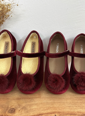 韩版童鞋2024女童冬季新款金丝绒毛球公主皮鞋儿童新年红色棉鞋潮