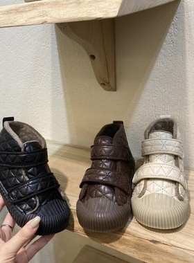 韩国童鞋2024冬季新款男女童加绒菱格短靴儿童软底防滑棉鞋饼干鞋