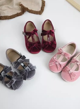 韩版童鞋2026女童春秋新款蝴蝶结公主皮鞋儿童金丝绒新年红色单鞋