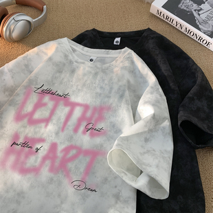 美式 T恤男生痞帅扎染设计半袖 青少年夏季 体恤 重磅脏脏麂皮绒短袖