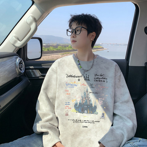 美式长袖t恤男圆领重磅扎染宽松