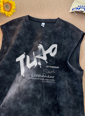 麂皮绒扎染重磅背心男夏季新款美式宽松休闲大码坎肩运动无袖t恤