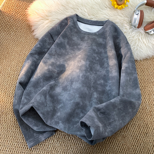 高街潮牌宽松休闲高级感圆领上衣服 美式 麂皮绒扎染长袖 t恤男秋季