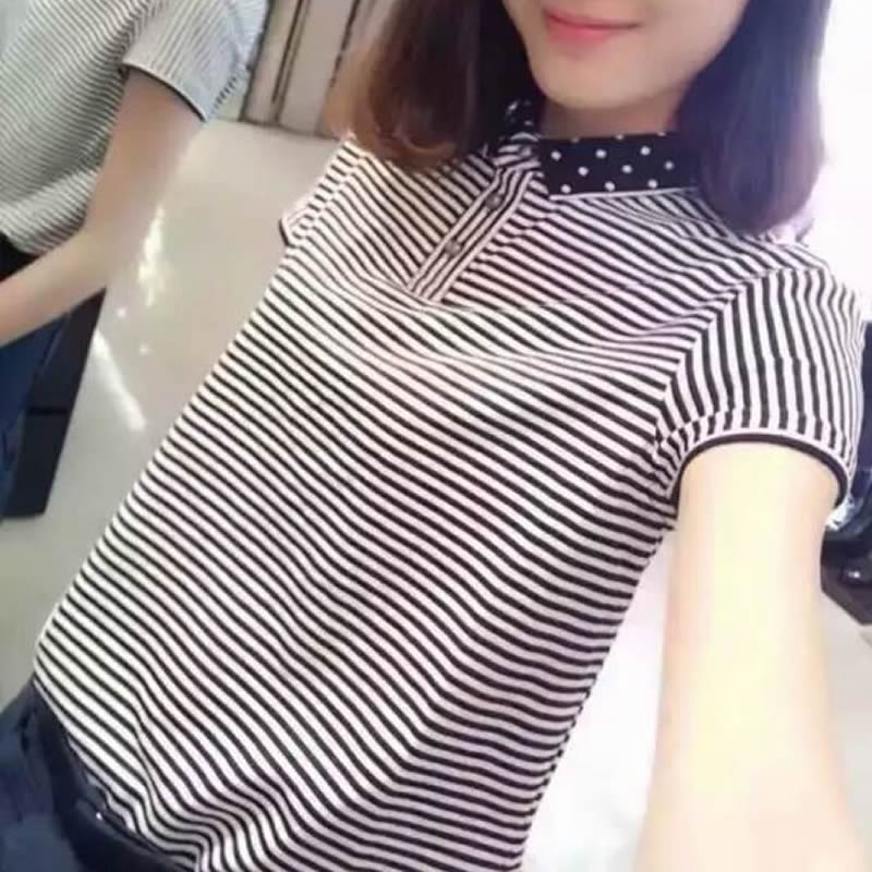 哥弟专柜正品女装2018夏季新款显瘦条纹POLO领百搭修身短袖T恤女