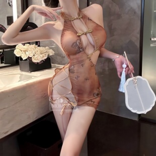 新中式复古缕空透视性感制服内衣绑带古韵印花旗袍裙露背御姐装