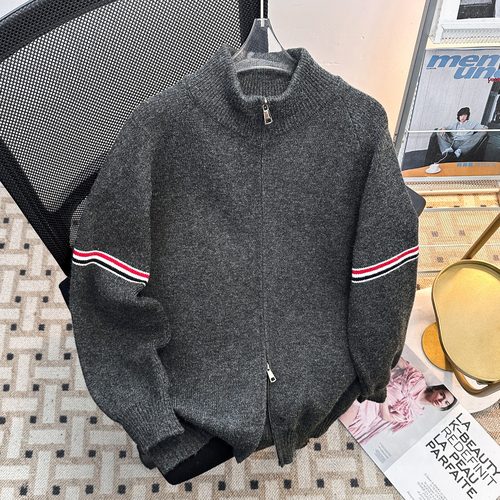 美式复古男士半高领双拉链开衫