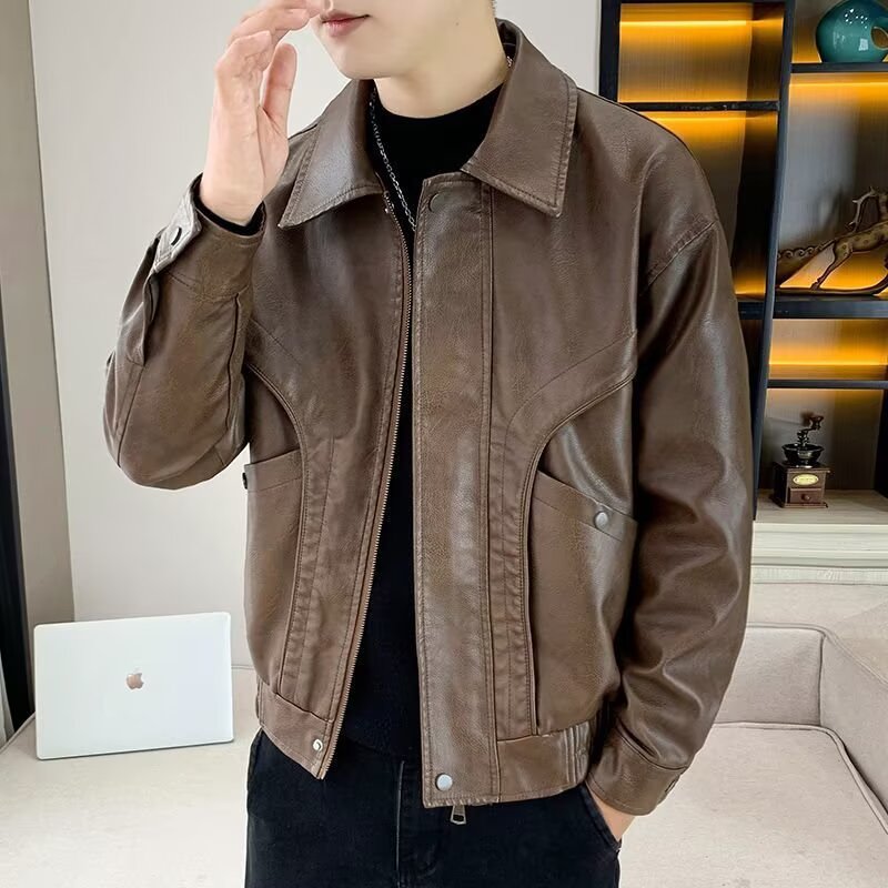 机车骑行服pu皮衣外套男秋冬季潮牌宽松工装夹克男生潮流百搭帅气