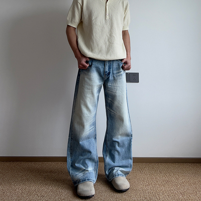 美式复古水洗阔腿蓝色牛仔裤
