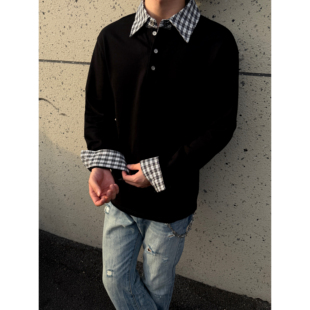 COCKTAIL假两件拼接polo长袖 卫衣cleanfit休闲简约通勤上衣男秋