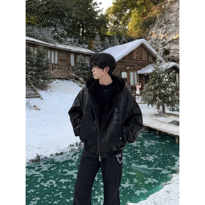 COCKTAIL美式复古毛绒内里连帽皮衣棉服冬季新款设计感褶皱外套