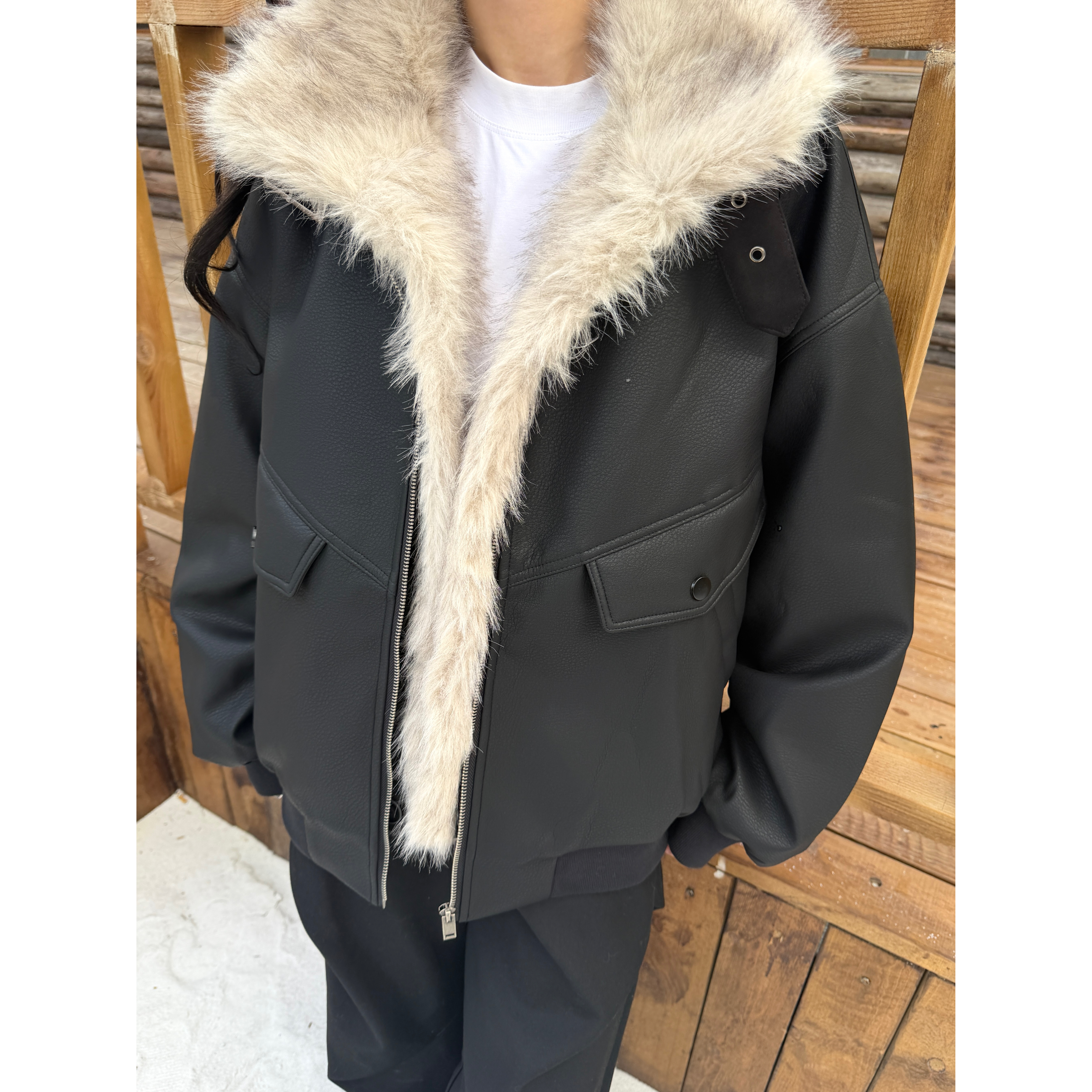 COCKTAIL美式复古PU皮绒毛夹克