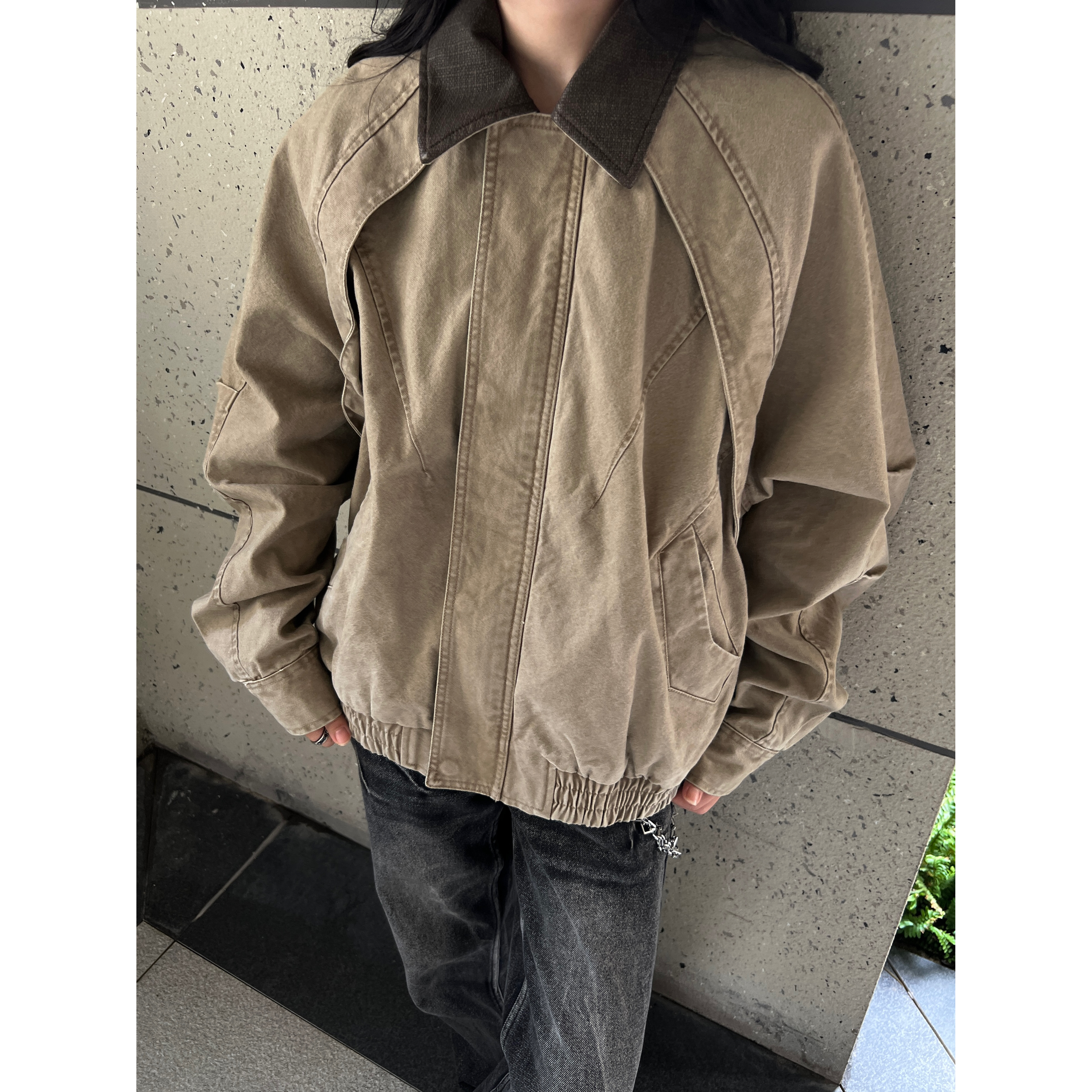 COCKTAIL BAR美式复古拼接撞色翻领夹克宽松休闲百搭工装外套情侣