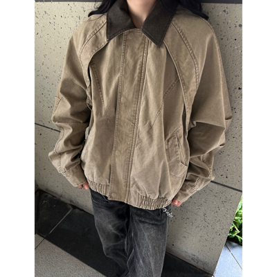 COCKTAIL BAR美式复古拼接撞色翻领夹克宽松休闲百搭工装外套情侣