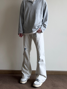 COCKTAIL美式复古白灰色微喇破洞牛仔裤cleanfit宽松长裤