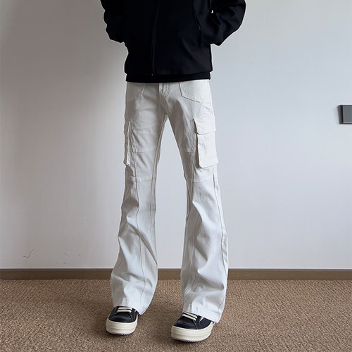美式复古白色微喇工装裤男款