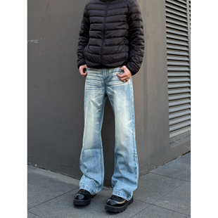 潮流百搭休闲裤 COCKTAIL美式 复古雪花纹浅蓝水洗做旧直筒牛仔裤