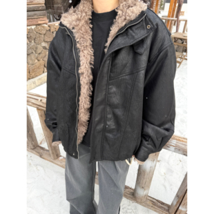 COCKTAIL冬季毛领麂皮夹克座山雕男女保暖棉衣机车外套cleanfit