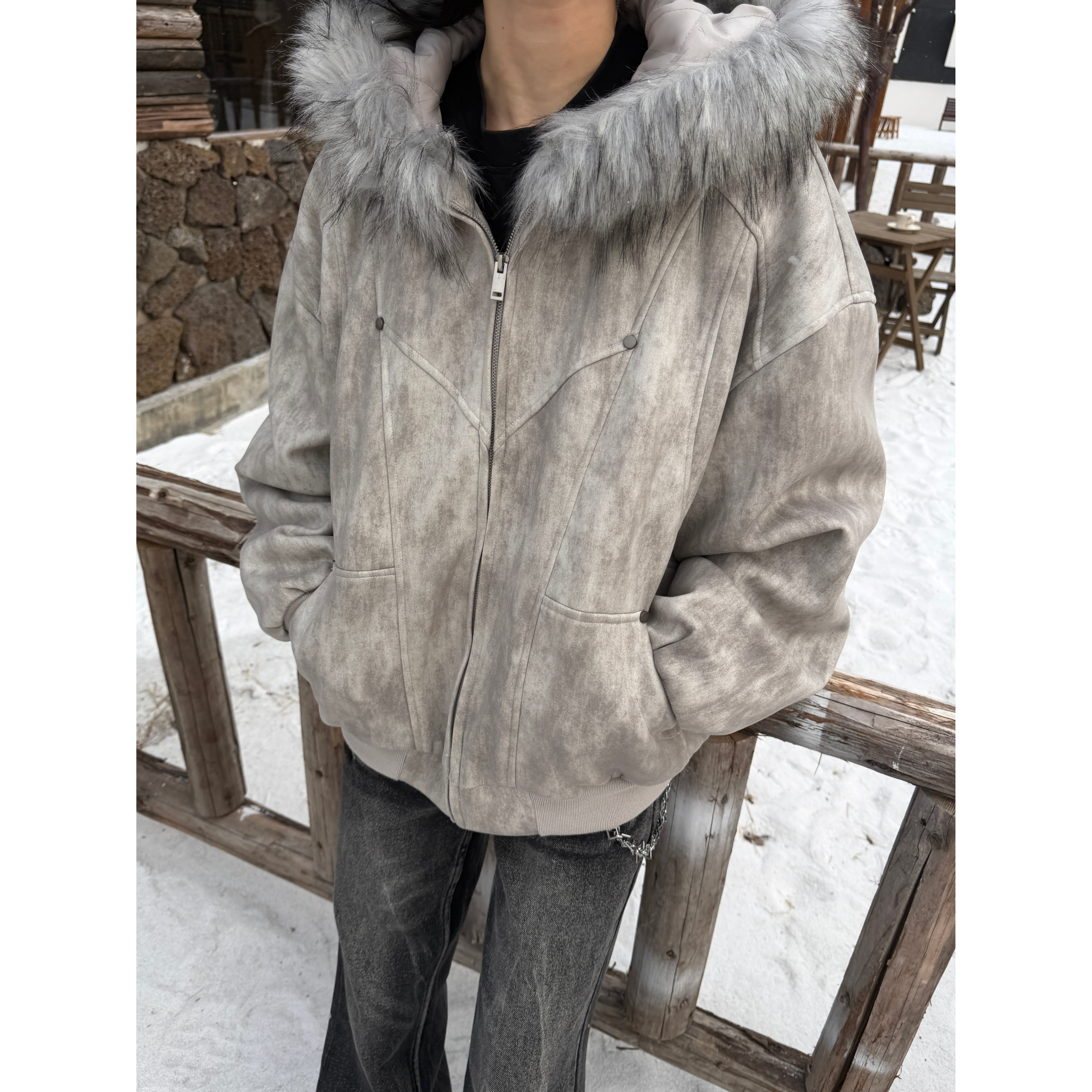 COCKTAIL美式墨染连帽复古座山雕夹克冬季复古重磅保暖加绒外套潮