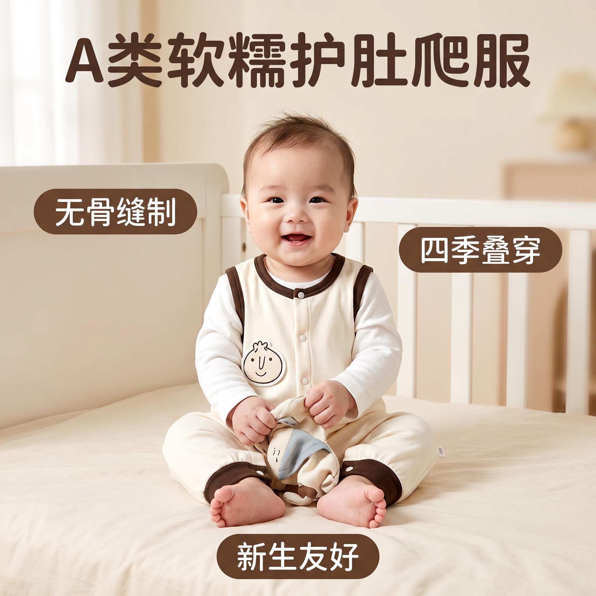 宝宝卡通贴布背带爬服 A类棉无袖撞色包边婴幼儿可叠穿护肚家居服