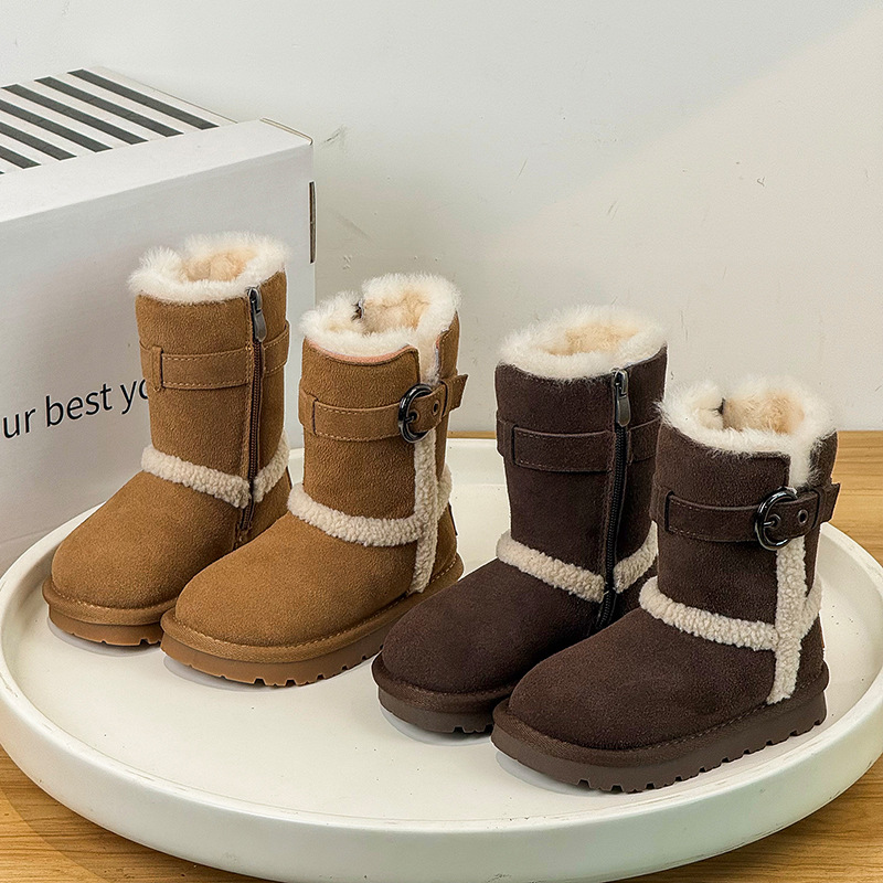2025冬季新款儿童大棉靴韩版洋气皮带扣加绒保暖中筒男女童雪地靴