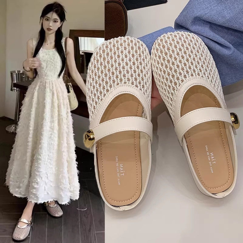 品牌真皮平底网面包头拖鞋女凉拖