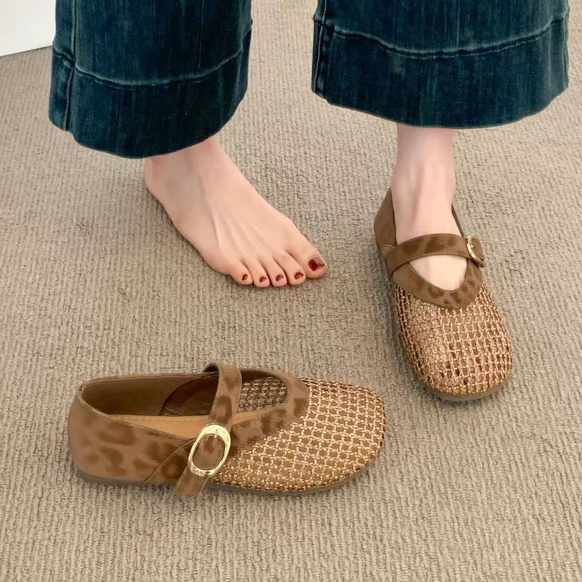 品牌真皮平底编织舒适透气单鞋女