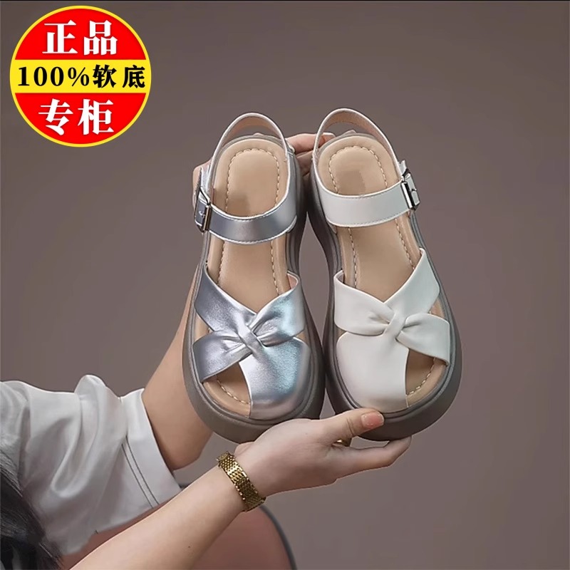 品牌撤柜真皮厚底增高罗马凉鞋女