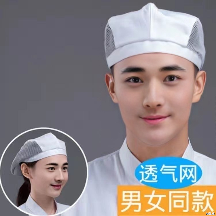 厨师帽子男鸭舌帽服务员贝雷帽女酒店厨房火锅工作帽透气网黑白色