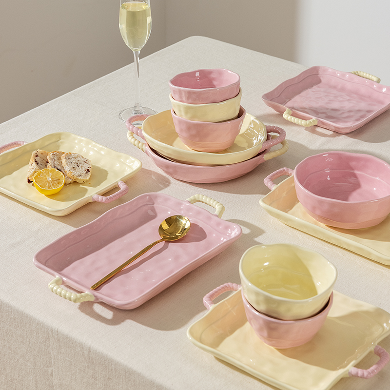 双耳拼色可爱盘子深盘鱼盘