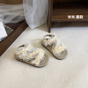 韩版女宝宝凉鞋百褶网纱公主鞋露趾婴儿学步鞋夏季女童沙滩鞋防滑